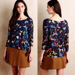 ANTHROPOLOGIE Eustace Tie-Bottom Top Blue Motif Colorful Butterfly Print